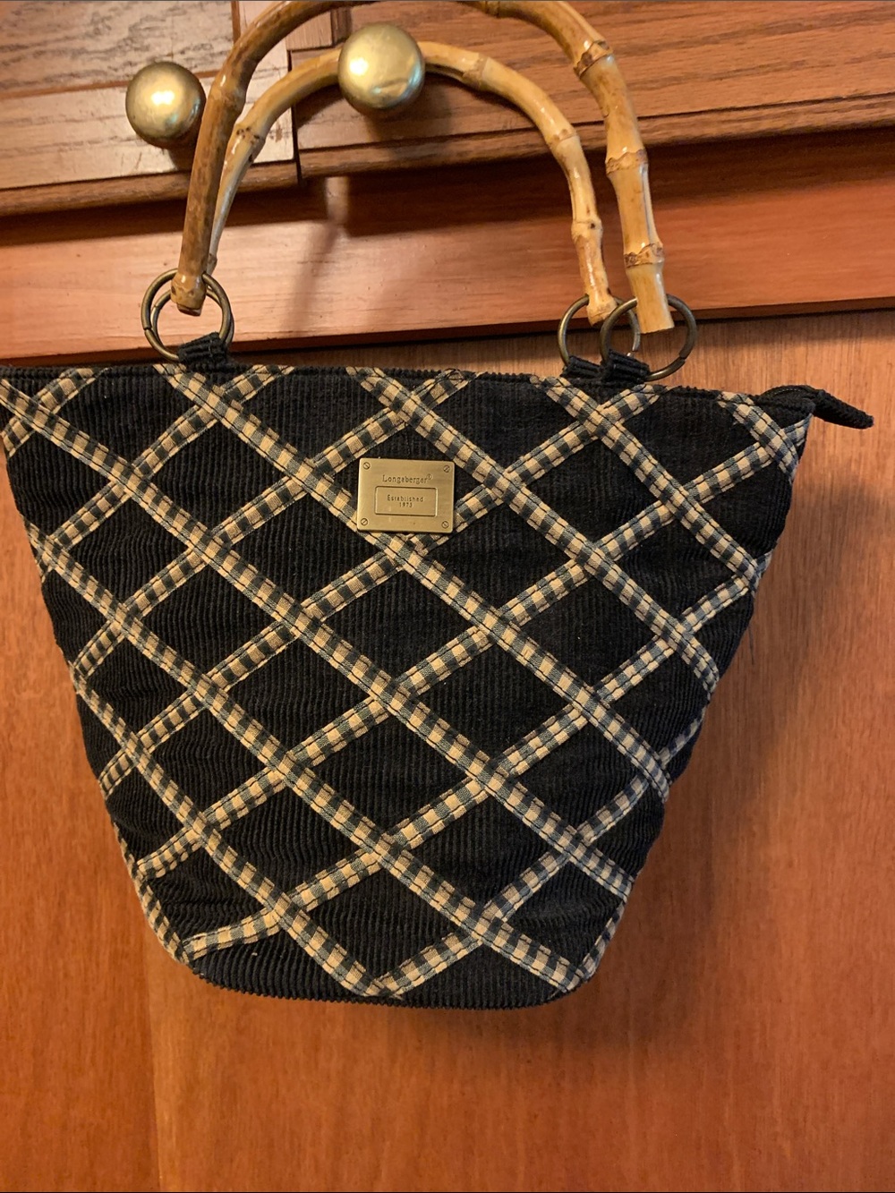 Longaberger Black Quilted Tote with Bamboo Handles